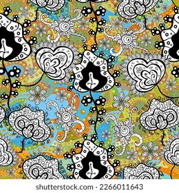 Flower pattern. vector seamless Beautiful fabric pattern. Colour Spring Theme seamless pattern Background. Flat Flower Elements Design. White doodles. Blue. Brown.