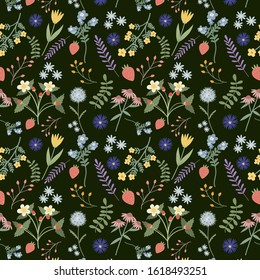Flower Pattern. Vector pattern with summer and spring minimalistic flowers on dark green background.