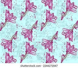 Flower pattern vector watercolor. Fabric texture with ink drops