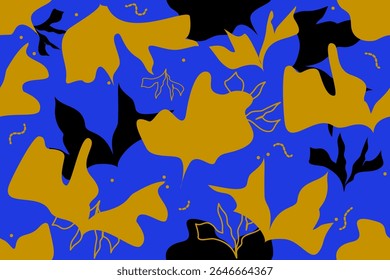Flower pattern vector in yellow and black on blue background. Abstract floral shape seamless. Concept of hand-drawn, exotic, modern, elegant fashion for wrapping paper, wallpaper, textiles, home decor