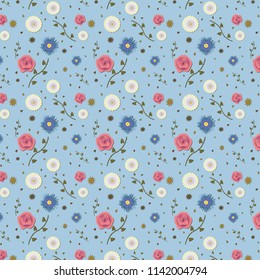 Flower pattern with white, blue and pink flowers (blue background)