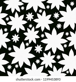 Flower pattern. White flowers, black background. Simple seamless pattern.