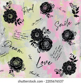 flower pattern. writing pattern. leaf, handwritten, text, lace, love, grunge textured abstract art colorful background