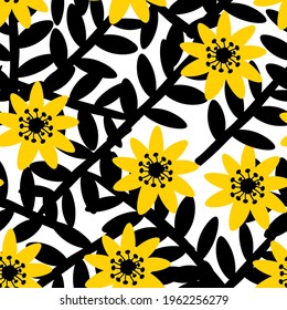 Flower Pattern, yellow flower and black leaf pattern, vector, seamless.