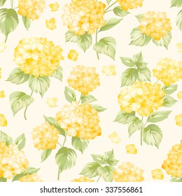 Flower pattern of yellow hydrangea flowers. Seamless texture, yellow flowers. Vector illustration.