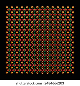 A flower pattern with yellow and red flowers on a black background.
