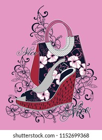 Flower patterned bag and shoe with shapes on pink background. Vector illustration.