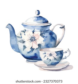 flower patterned tea ware cup and tea pot in watercolor