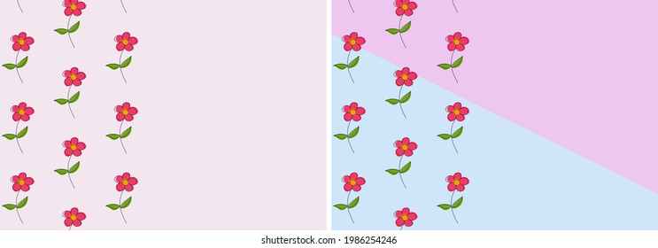 Flower patterns on light pink and blue and purple background. Two different backgrounds. Colorful flower and black line. Line art. Abstract flower background. Space for text. Vector illustration.