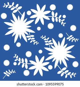 Flower pattern,texture, one colour, may be seamless, white on blue background, vector illustration.