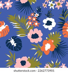 Flower pattern.Tropical leaf, palm tree vector print.Seamless pattern. Fun t-shirt design.Vector illustration design for fashion fabrics, textile graphics, print.