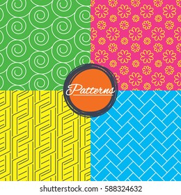 Flower, paving stone and floral ornate seamless textures. Linear geometric ornament pattern. Modern textures. Abstract patterns with colored background. Vector
