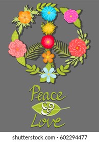 Flower peace and love symbol, hand written quote poster. Vector design elements.