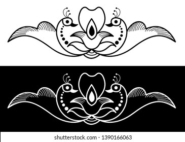 Flower with Peacocks border design concept - Indian Traditional and cultural Rangoli, Alpona, Kolam or Paisley vector line art with dark and white background