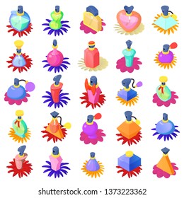 Flower perfume icons set. Isometric set of 25 flower perfume vector icons for web isolated on white background