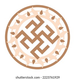 Flower of Perun, Overcome grass, water lily, Slavic symbol, decorated with Scandinavian patterns. Beige trendy design with sun