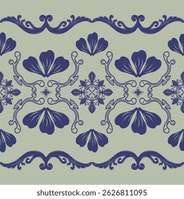 Flower Petal and Beautiful Scroll Ornament Traditional Ancient Motif Victorian Baroque Style with Navy Blue on Grey Background. Fine Curly Swirl Sense of Luxury Pattern for Medieval Decoration Textile