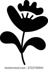 Flor con flor de pétalos y dos hojas formando una silueta atrevida. Símbolo de crecimiento, naturaleza y elegancia para la marca o la decoración. Ilustración vectorial de dibujos animados.