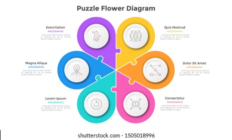 Flower petal chart with 6 colorful connected jigsaw puzzle pieces. Concept of six elements of business project. Flat infographic design template. Simple vector illustration for presentation, banner.