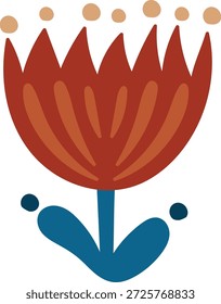 Flor com coroa pétala, haste e formas de folha em ornamento folclórico negrito. Símbolo da natureza, herança e calor para decoração e branding. Ilustração de vetor de desenhos animados.