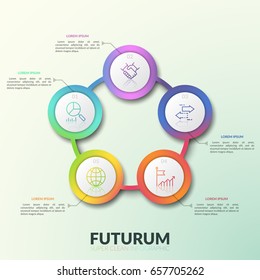 Flower petal diagram, 5 connected circular elements with numbers, thin line icons and text boxes. Round chart with five options. Modern infographic design layout. Vector illustration for presentation.