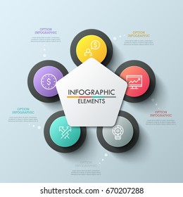 Flower petal diagram with 5 options. Thin line icons inside five round elements placed around white pentagon in center. Creative infographic design layout. Vector illustration for report, website.