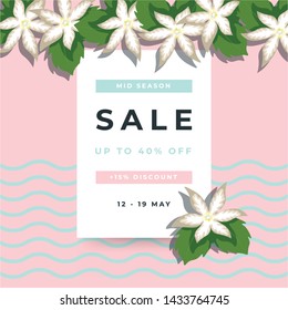 Flower petal and green leaf on pink background. 40% Sale banner template design. Big sale special offer. Special offer banner for poster, flyer, brochure, sticker. Tropical floral vector illustration.