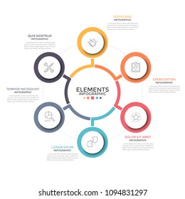 Flower Petal Round Diagram. Six Circular Elements With Thin Line Icons Inside Placed Around Main One. Concept Of 6 Features Of Business Project. Infographic Design Template. Vector Illustration.