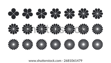 Flower petal shape icon set. Infographic circle diagram. Pie simple chart. Flower leaves geometric graphic element. Abstract round wheel design chart. Vector illustration isolated on white background.
