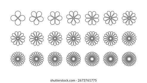 Definição de ícones de forma de pétala de flor. Diagrama do círculo infográfico. Gráfico simples de pizza. Flor deixa elemento gráfico geométrico. Gráfico de roda redonda. Ilustração de vetor de linha isolada no fundo branco.