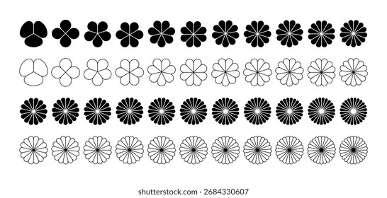 Conjunto de iconos de forma de pétalo de flor. Diagrama de círculo infográfico. Gráfico simple de pastel. Elemento gráfico geométrico de hojas de flores. Gráfico de rueda redonda. Ilustración vectorial plana aislada sobre fondo blanco.