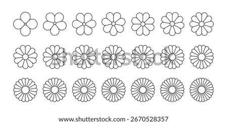 Flower petal shape icons set. Infographic circle diagram. Pie simple chart. Flower leaves geometric graphic element. Round wheel chart. Line vector illustration isolated on white background.