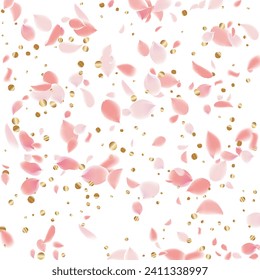 Flower Petals Background. 8 March Poster. Abstract Frame. Spring Blowing Wind with Cherry Blossoms. Wedding and Anniversary Card. Flying Sakura Petals. Vector Festive Bokeh Banner. Pink Falling Roses.