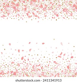 Flower Petals Background. 8 March Poster. Abstract Frame. Spring Blowing Wind with Cherry Blossoms. Wedding and Anniversary Card. Flying Sakura Petals. Vector Festive Bokeh Banner. Pink Falling Roses.