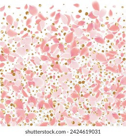 Flower Petals Background. Pink Falling Roses. Flying Sakura Petals. Spring Blowing Wind with Cherry Blossoms. Wedding and Anniversary Card. 8 March Poster.