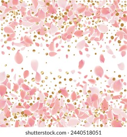 Flower Petals Background. Pink Falling Roses. Flying Sakura Petals. Spring Blowing Wind with Cherry Blossoms. Wedding and Anniversary Card. 8 March Poster.