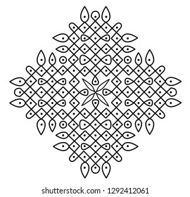 Pétalos de flores, puntos, círculos y cuadrados - Rangoli tradicional y cultural indio, Alpona, Kolam o Paisley Vector Arte de línea con fondo blanco