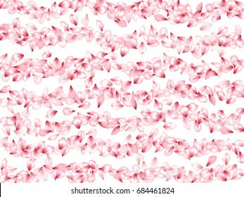 Flower petals flying vector background. Spring blossom isolated elements on white. Blossom parts confetti windy pattern.