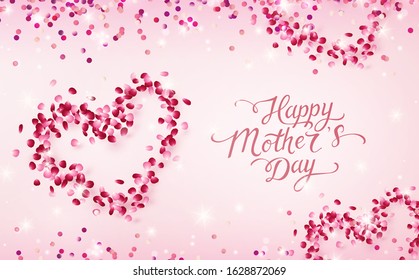 Flower petals hearts with glitter and confetti background. Vector pink floral symbols of heart for Happy Mother's Day greeting card design.
