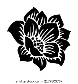 Flower with petals, plant, graphic, vector, illustration in black and white color, isolated on white background