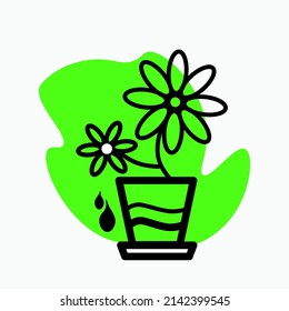 A flower with petals in a pot drawn with a black outline on a green background. Plant in a pot for a room or cottage. Vector illustration, doodles, doodles, icons for postcard background or banner.