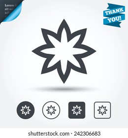 Flower with petals sign icon. Blossom symbol. Circle and square buttons. Flat design set. Thank you ribbon. Vector