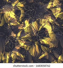 Flower. Petunia. Leaves. Vegetation.  Seamless vector pattern with colors. Hand drawing. Sketch.