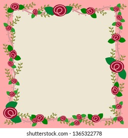 Flower photo frame. Red roses and green leafs formed up a rectangle frame border with pink color and light orange at center. Spring color theme.