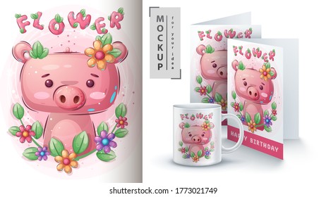 Flower pig - poster and merchandising. Vector eps 10