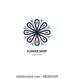 Flower pink, blue circular logo in the form of roses. Bright and juicy logotype for boutique, flower shop, business. Company mark, emblem, element. Kaleidoscope big bud. Surround abstract blossom