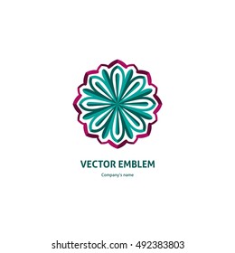 Flower pink, blue circular logo in the form of roses. Bright and juicy logotype for boutique, flower shop, business. Company mark, emblem, element. Kaleidoscope big bud. Surround abstract blossom