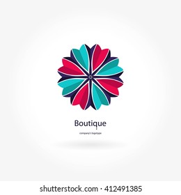 Flower pink, blue logo circular logo in the form of roses. Bright and juicy logotype for boutique, flower shop, business. Company mark, emblem, element. Kaleidoscope big bud. Surround abstract blossom