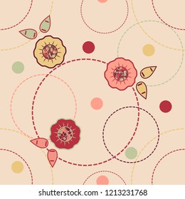 Flower Pink Circle Pattern in Embroidery Style Vector Illustration