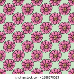 flower pink color doodle line style seamless pattern green background. Vector illustration